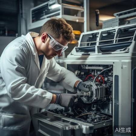 空调检修:拧紧松件,安全第一。