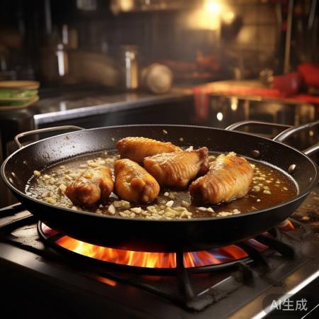 热油煎鸡翅，两面金黄，加蒜末姜