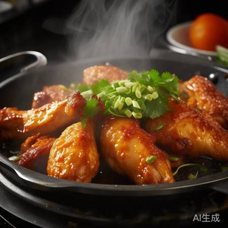 鸡翅上色，出锅撒香葱。