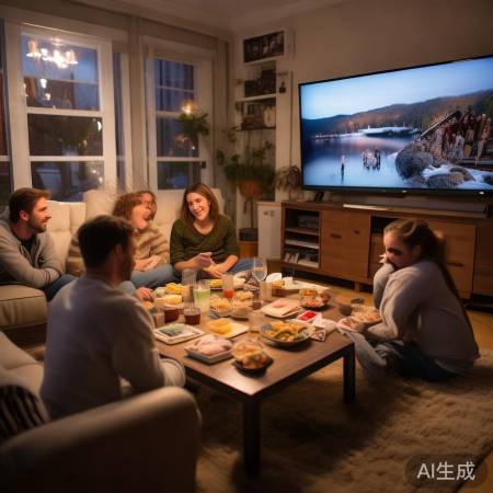看电视、零食饮料、亲友共享温馨