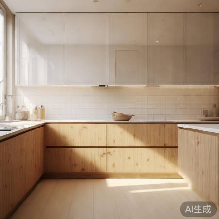 小空间厨房，浅色柜镜面，北欧风