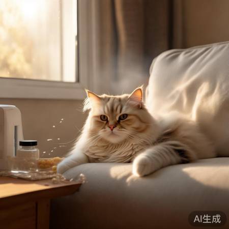 空调冷风易致猫皮干，需保湿。